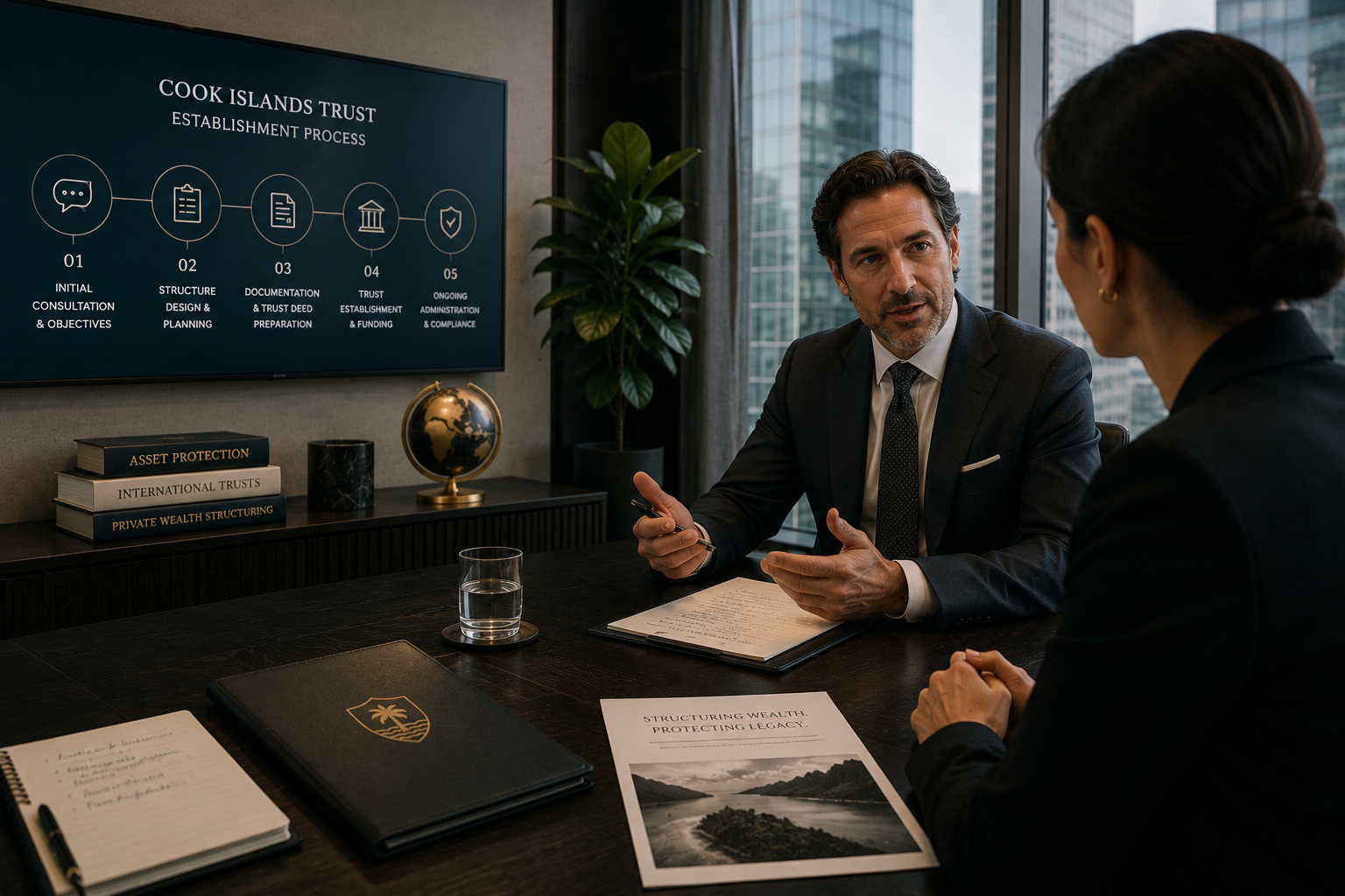 Private client advisor meeting with a client in a modern corporate office discussing the process of establishing a Cook Islands international trust for long-term asset protection and wealth preservation.