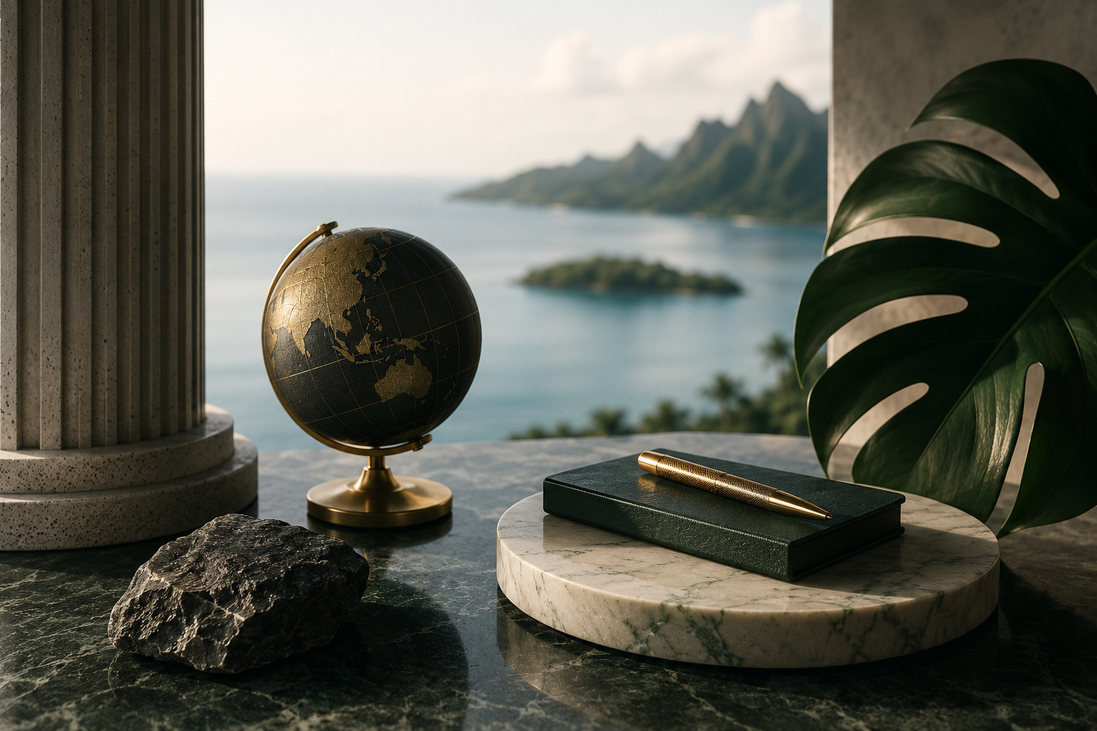 Luxury still-life overlooking the Cook Islands coastline with a globe, marble surfaces, and premium financial objects symbolizing international trusts, asset protection, and jurisdictional diversification.